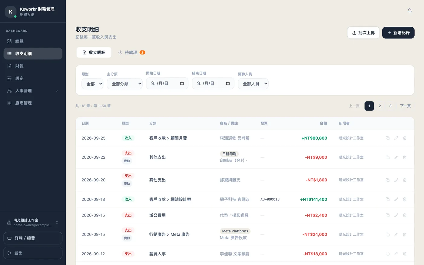 收支明細列表