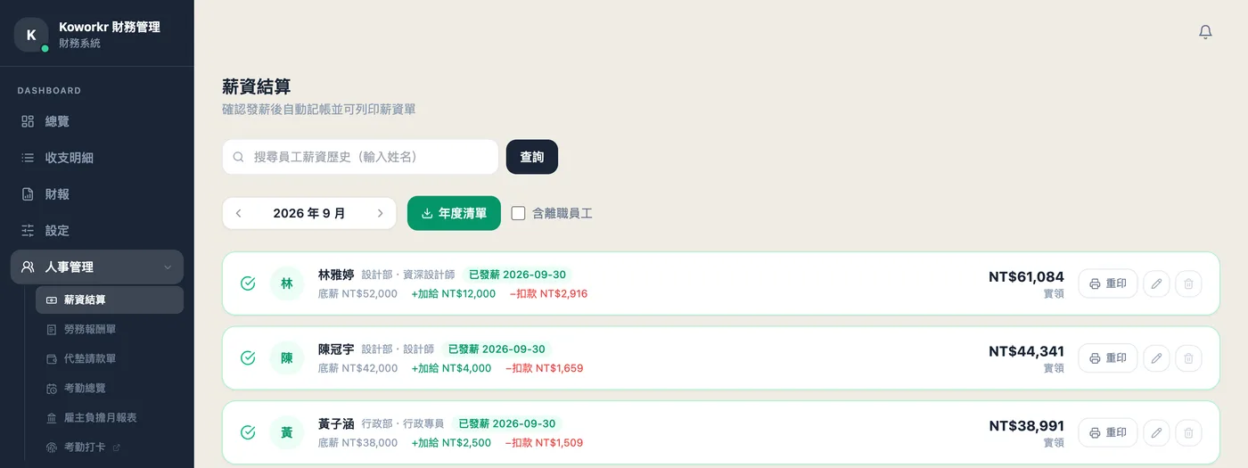 薪資結算畫面：每位員工的應發與實領金額